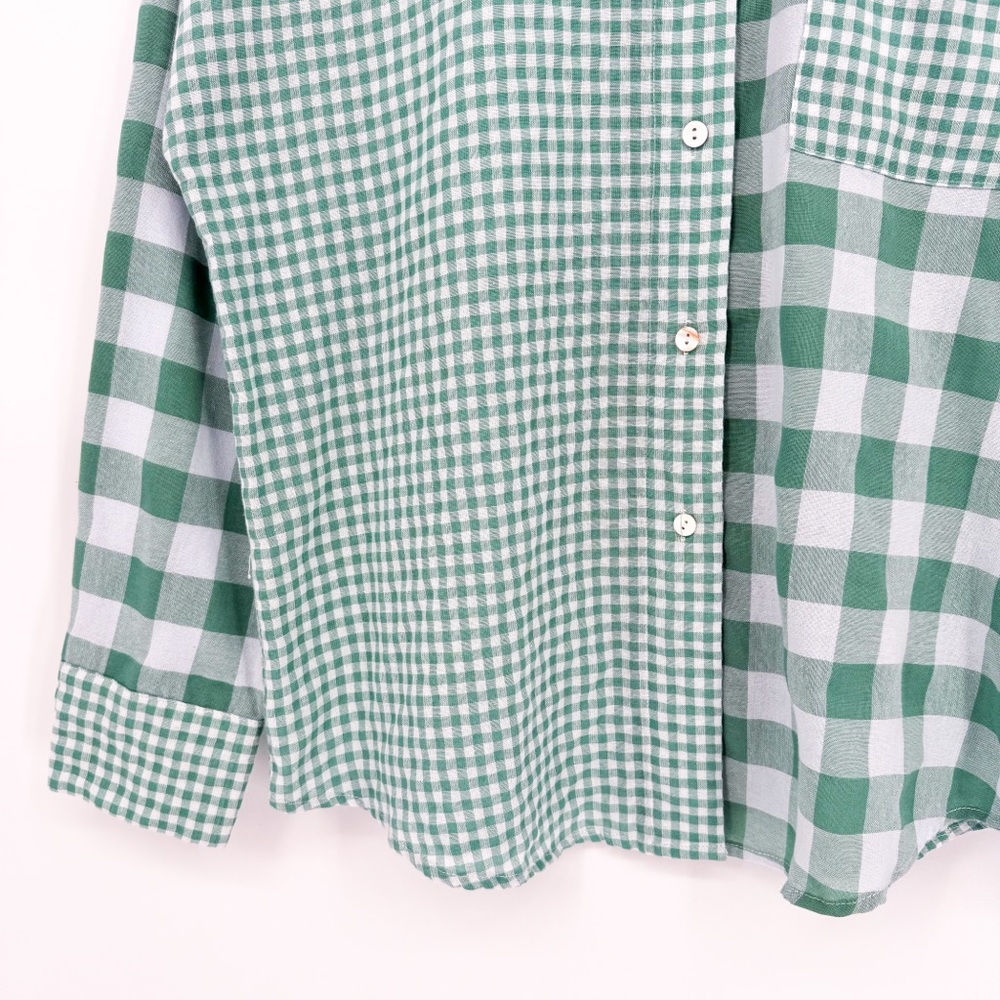 Andree by Unit Mixed Gingham Button Down Top Green White Medium - Picture 4 of 8